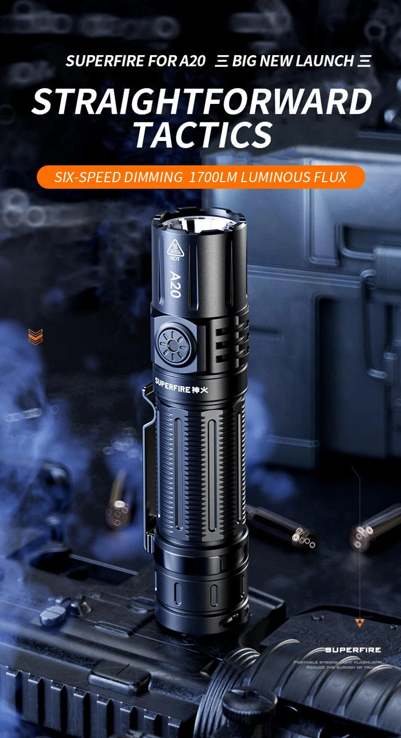 Description Picture 6 of itemLatest SUPERFIRE A20 Powerful EDC Flashlight Waterproof Torch 1700m Spotlight USB Rechargeable 5 Modes Outdoor Lantern