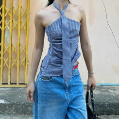 Summer Retro Hot Girl Striped Printed Halter Vest Women's Buttoned High Street Casual Vests Women Tops Female Clothes