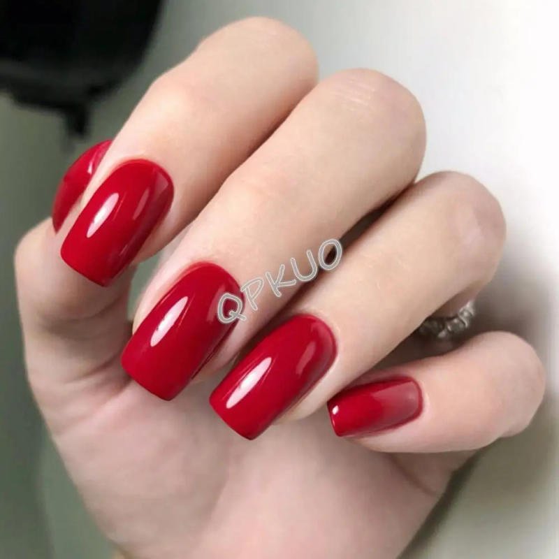 Description Picture 3 of item24Pcs Long Square Fake Nails With Jelly Glue Glossy Deep Red Artificial Press On False Nails DIY Finger Tip Manicure Tool