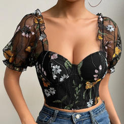 Sexy Embroidery Bubble Sleeve Corset Bustier Mesh Tank Tops Women Slim Fit V Neck Summer Backless Short Sleeve Sexy Cropped Top