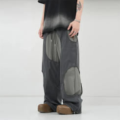 American Retro Hollow out Stitching Reflective Drawstring Fake Two Pieces Design Loose Wide Leg Sports Casual Pants