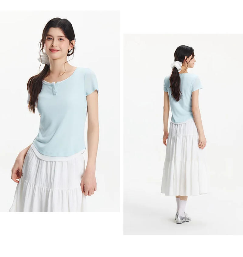 Description Picture 5 of itemSemir Short Sleeve T-Shirt Women Cropped Pullover Elegant Casual 2025 New Summer Fake Two-Piece Slim Fit Top Minimalist Daily