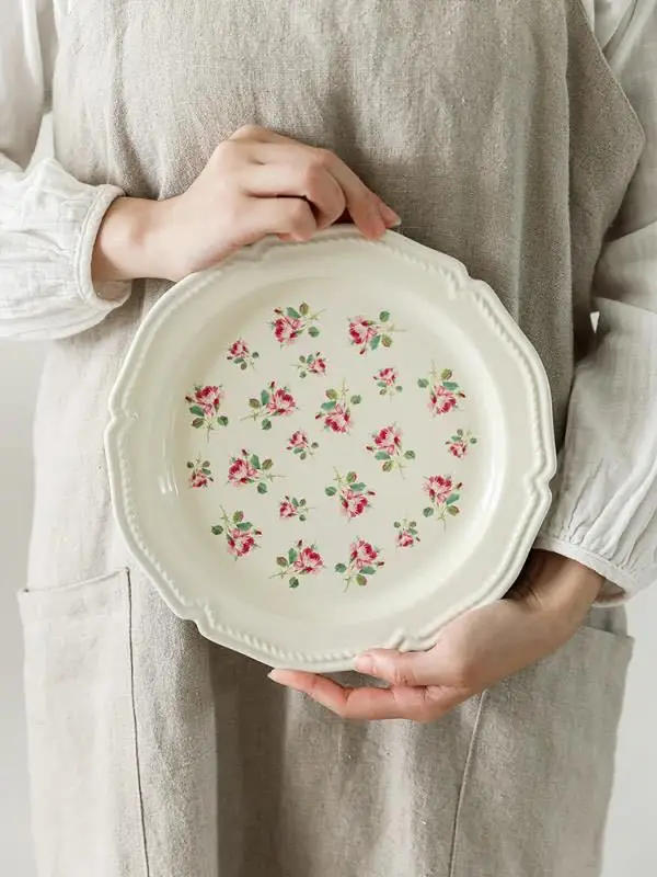 Description Picture 5 of itemChinese Ceramic Plate Household 8 Inch Flat Plate French Vintage Western Dish Flower Floret Porcelain China Tableware Baking