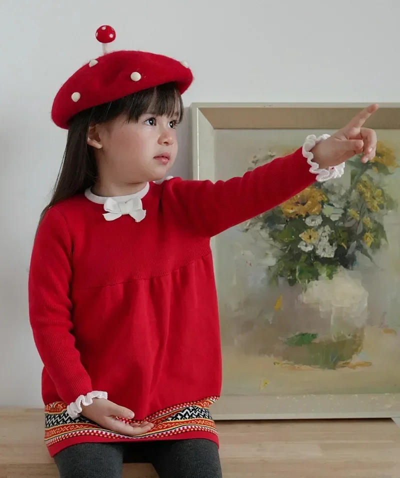 Description Picture 3 of item2025 Sweaters for Children Round Neck Vintage Long Sleeve Kids Dresseses Knitted Red Dress Cute Princess Girl Knitwear Clothes