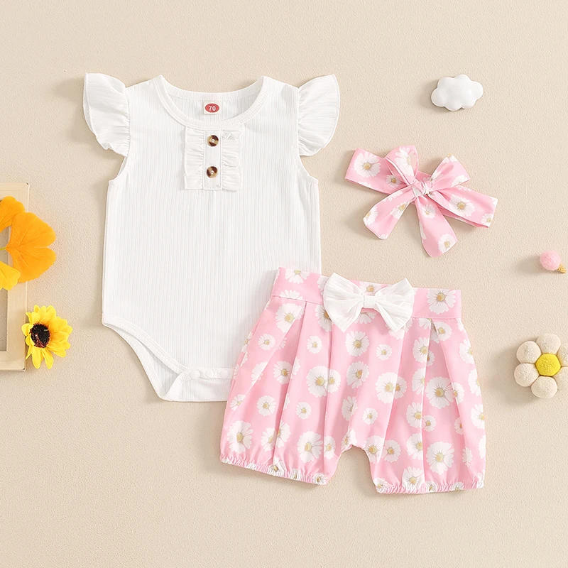 Description Picture 2 of itemBaby Girls Shorts Set Fly Sleeve Romper with Flower Print Shorts and Hairband Summer Outfit