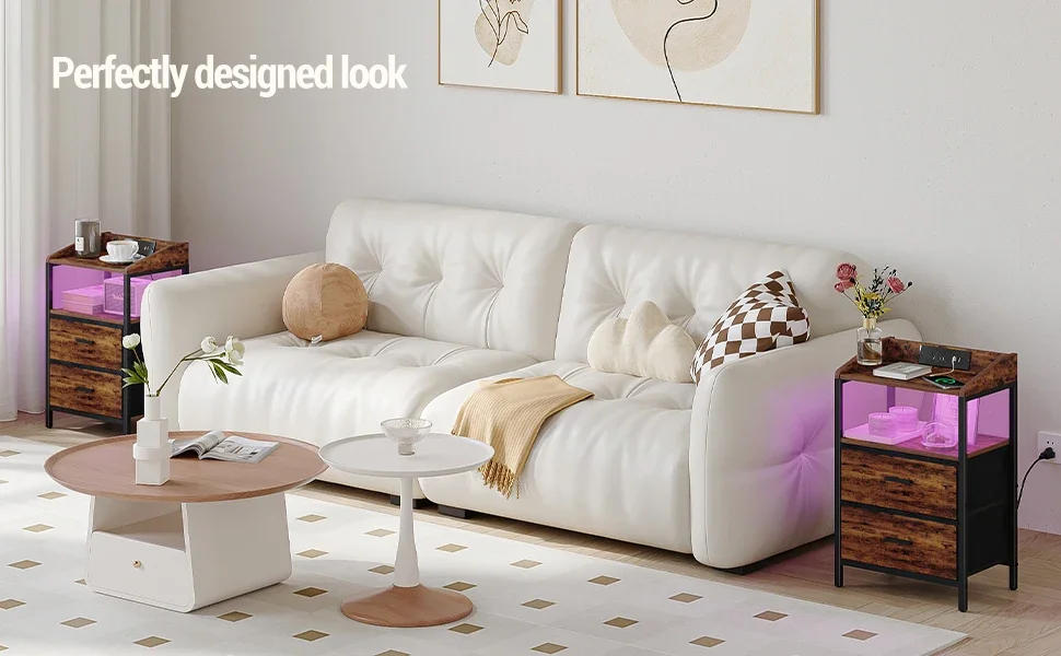 Description Picture 2 of itemNightstands Set of 2 with LED Lights and Charging Station,End Table with 2 Fabric Storage Drawers and Shelves, Modern Side Table