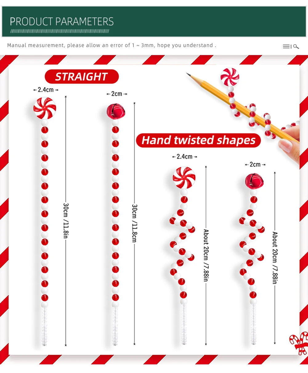 Description Picture 5 of item24/36/50pcs Curly Candy Christmas Ornaments Red White Picks Bells Lollipops for Xmas Tree Topper Decor Home Crafts Party Navidad