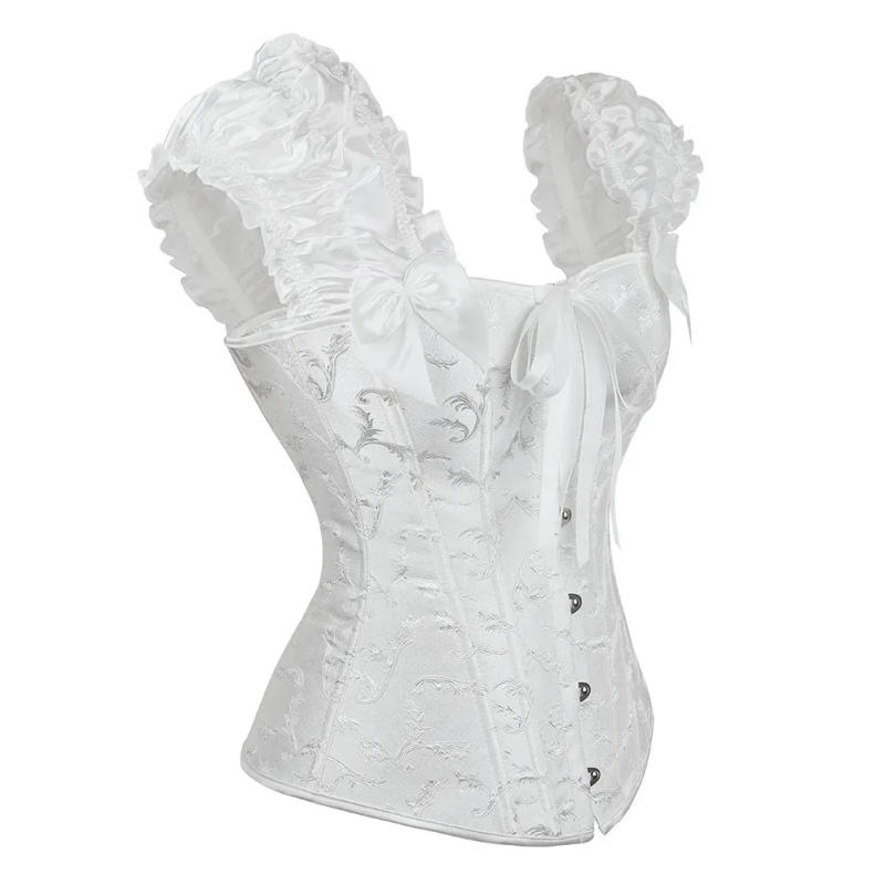 Description Picture 5 of itemWomen Sexy Corset Ruffled Sleeves Overbust Bustier Body Shapewear Embroidered Floral Lace-Up Corset Top Black White