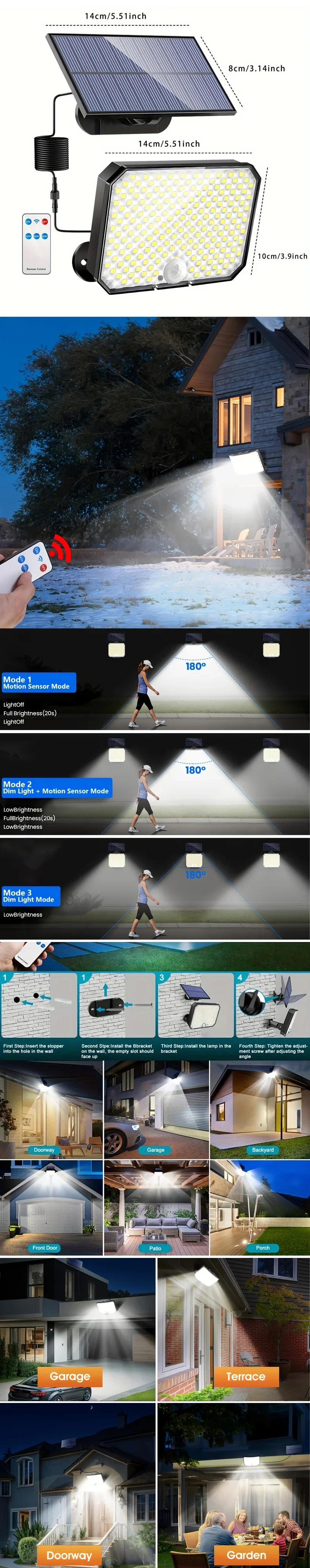 Description Picture 4 of item1-2 Pcs Solar Light Motion Sensor Outdoor Lighting Waterproof Super Bright LED Wall Lamp Remote Street Lights Garden Courtyard