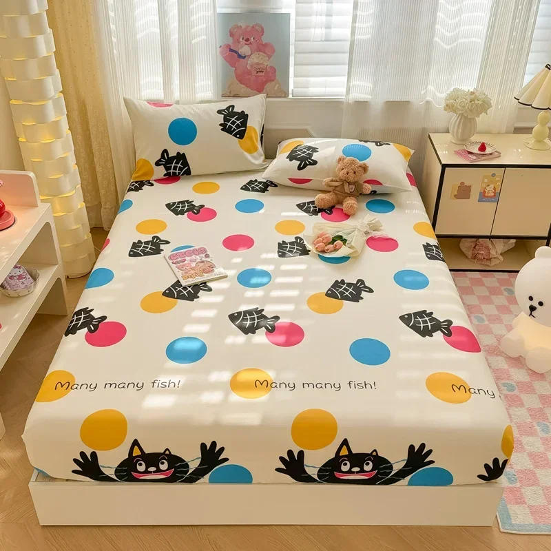 Description Picture 2 of item1 pc 100%Cotton Bed Sheet Cartoon Fish Printed Fitted Sheet with Elastic Band Single/Queen/King Pure Cotton Bed Botton Sheets