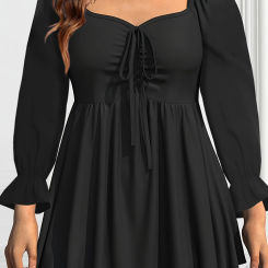 Women Puff Sleeve Square Collar T shirt Plus Size Top Long Sleeve Drawstring Bandage Pleated Medium Stretch Solid Casual Top