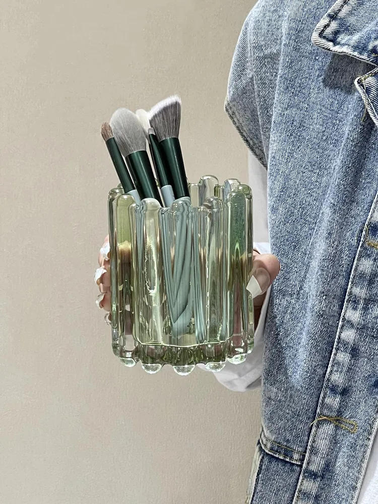 Description Picture 4 of itemWave Edge Stripe Makeup Brush Bucket Eyebrow Pencil Holder Simple Glass Ornament Desktop Storage Container