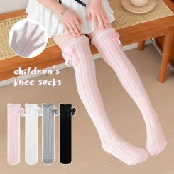 Children's Girls Knee High Long Socks Soild Color Japanese Princess Bow Calf Socks Spring Summer Breathable Kids Stockings 3-8Y