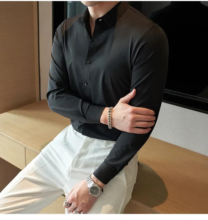 Description Picture 6 of item2023 New High Quality No Trace Ice Silk Long Sleeve Elastic Shirts Men Formal Business Slim Fit Solid Casual Shirt Tuxedo 4XL-M
