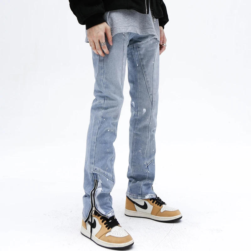 Description Picture 5 of itemMen Fashion Designer Side Decor Zipper Patchwork Jeans Mid Waisted Straight Denim Pants High Street Printing Streetwear Trouser