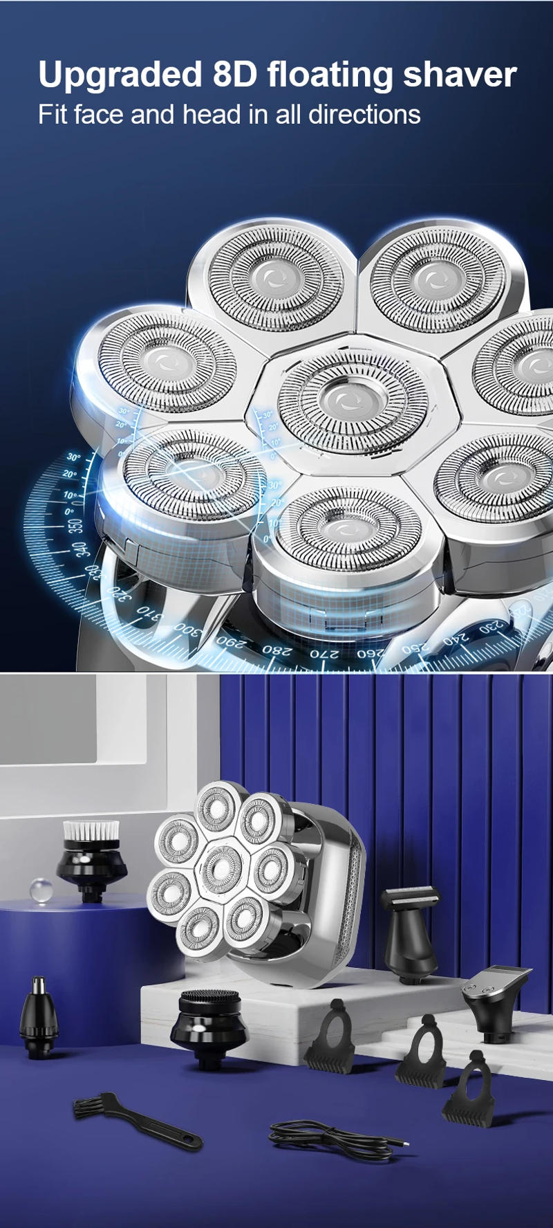 Description Picture 3 of item8D Head Shavers for Bald Men, Electric Shaver for Men,6 in 1 Mens Grooming Kit with Nose Hair Trimmer, Waterproof Beard Trimmer