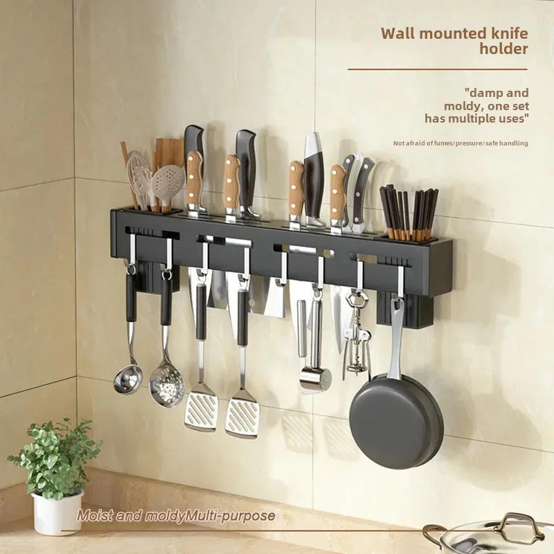 Description Picture 2 of itemWall Mounted Knife Holder Stainless Steel Shelf Kitchen Nail-Free Storage Rack Cutlery with Hook Kitchen Cabinet Organizer