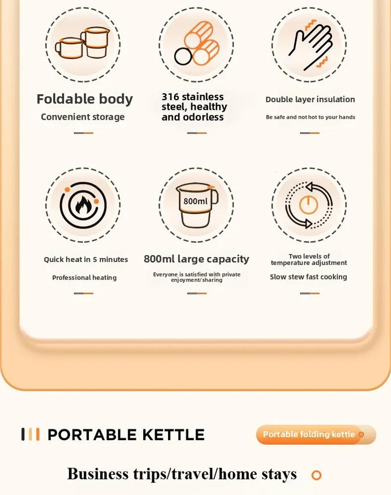 Description Picture 4 of itemNew Portable Outdoor Folding Electric Kettle 316 Stainless Steel Travel Household Hot Water Boiling Cup Food Grade Small Kettle