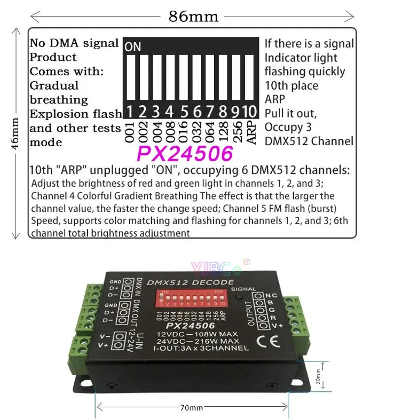 Description Picture 4 of itemNew 12V-24V DC rgb DMX512 Decoder Driver 3CH*3A 9A Standard signal DMX 512/1990 Amplifier PX24506 RGB LED strip Light controller