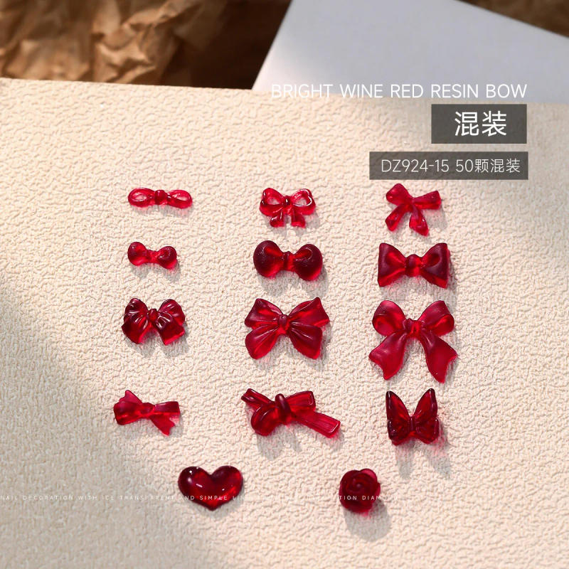 Description Picture 4 of item20PCS Mixed Size Bows Nail Charms Cute Parts French Wine Red Ribbon Mini Bow Resin Nail Art Rhinestones Decorations Accessories