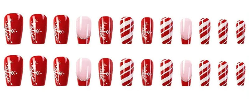 Description Picture 6 of item24pcs Glossy Short Ballet Fake Nails Festival Red Press On Nails With White Snowflake Stripe Design Glitter French False Nails *