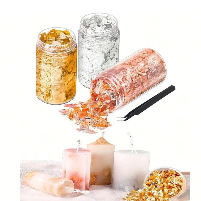 Description Picture 4 of itemGold Foil Flakes Set Tweezers 3 Bottles Metallic Foil Flakes for Candle Resin Nails Painting Art Crafts Silver, Copper