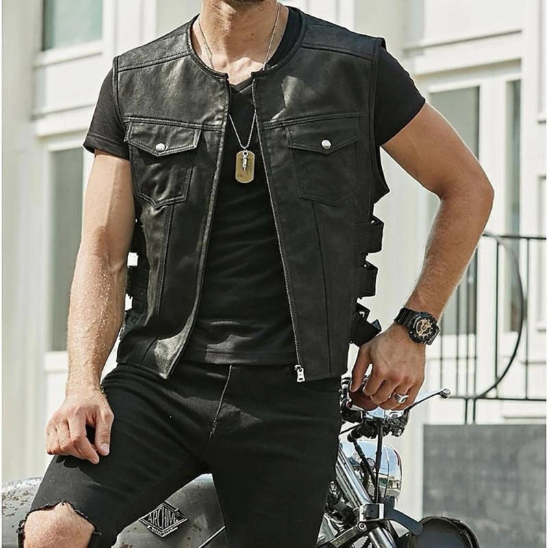 Description Picture 4 of itemStylish Biker Faux Leather Waistcoat for Men Motorcycle Cut Vest in Black Various Club Pockets for Convenience