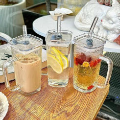 250ML transparent ins with handle glass cup stylish women's summer juice drink cup  striped with lid straw cup