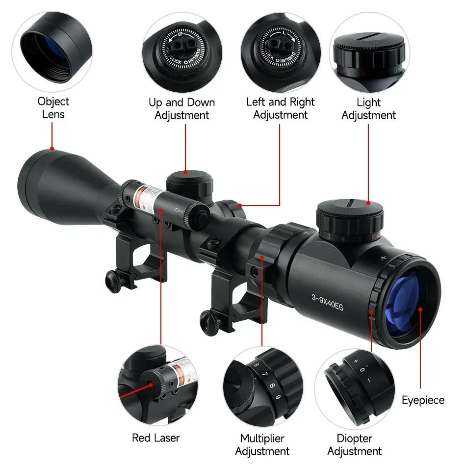 Description Picture 5 of item3-9x40EG with Laser Scopes Red/Green Reticle Rifle Scope Tactical Optics Riflescope Airsoft Sight for Hunting 11mm/20mm Rail