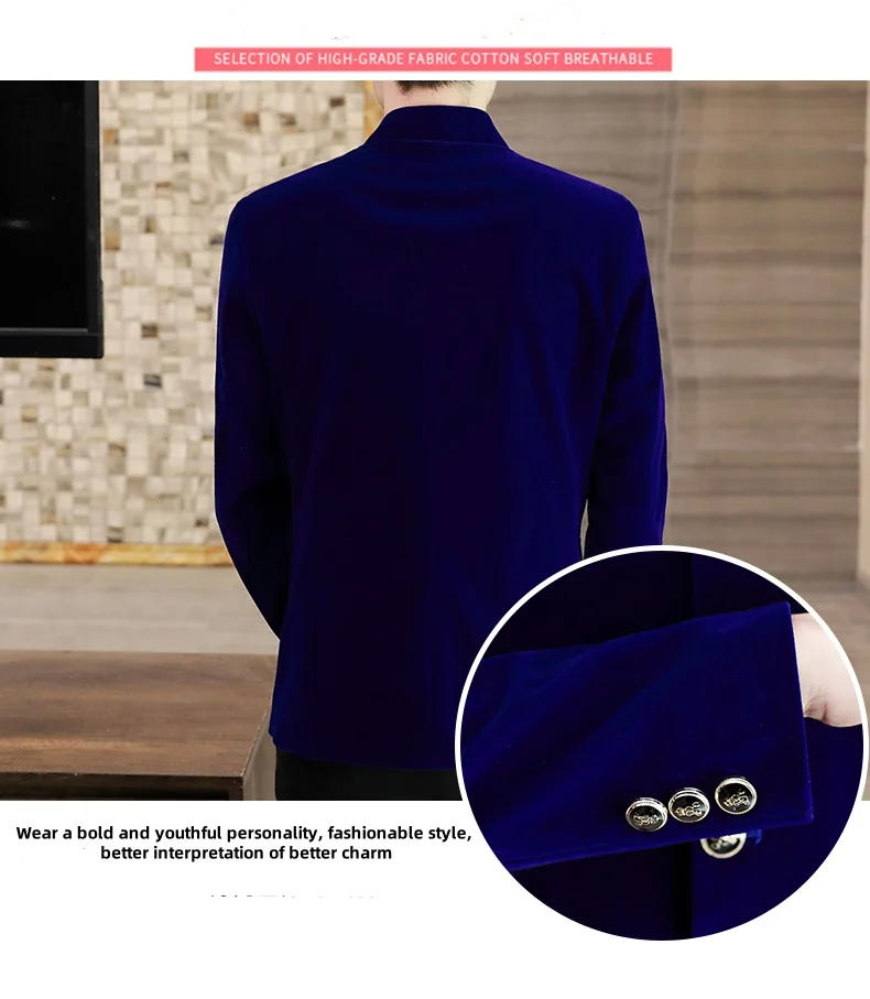 Description Picture 4 of itemCoat men's light luxury new boutique golden velvet MAO suit youth fashion trend handsome solid color stand collar coat