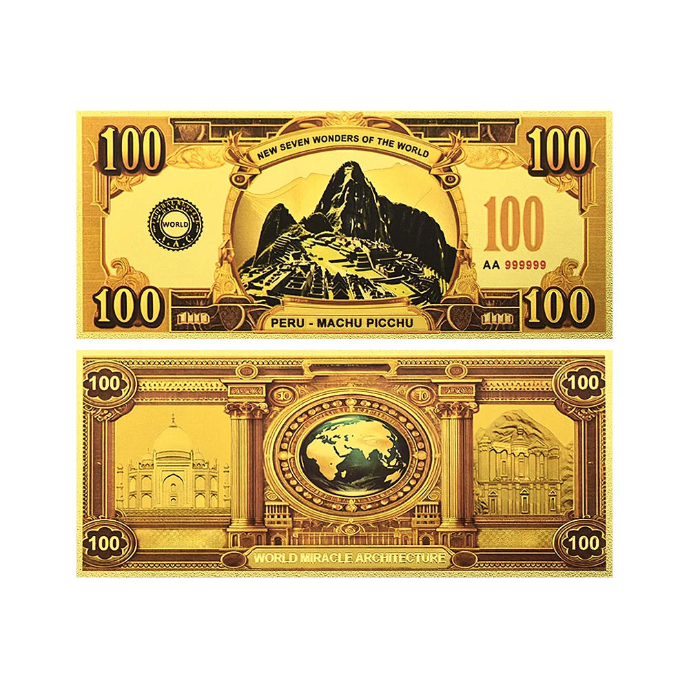Description Picture 4 of item7pc/set Seven Wonders of The World Gold Foil Banknote Pyramid ,Christ Like, Taj Mahal,Great Wall, 100 Dollar Plastic Money Gift