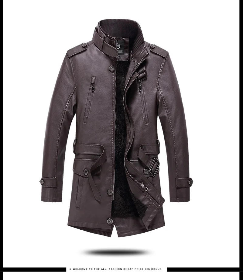 Description Picture 5 of itemNew Autumn Winter Men Fleece Leather Jacket Casual Fashion Middle And Long Mens PU Coats Stand Collar Warm Windproof Overcoat