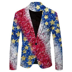 Men'S Independence Day Digital Print Personality Casual Vintage Long Sleeved Suit Jacket 2024 Fashion Men'S Long Sleeve Blazer