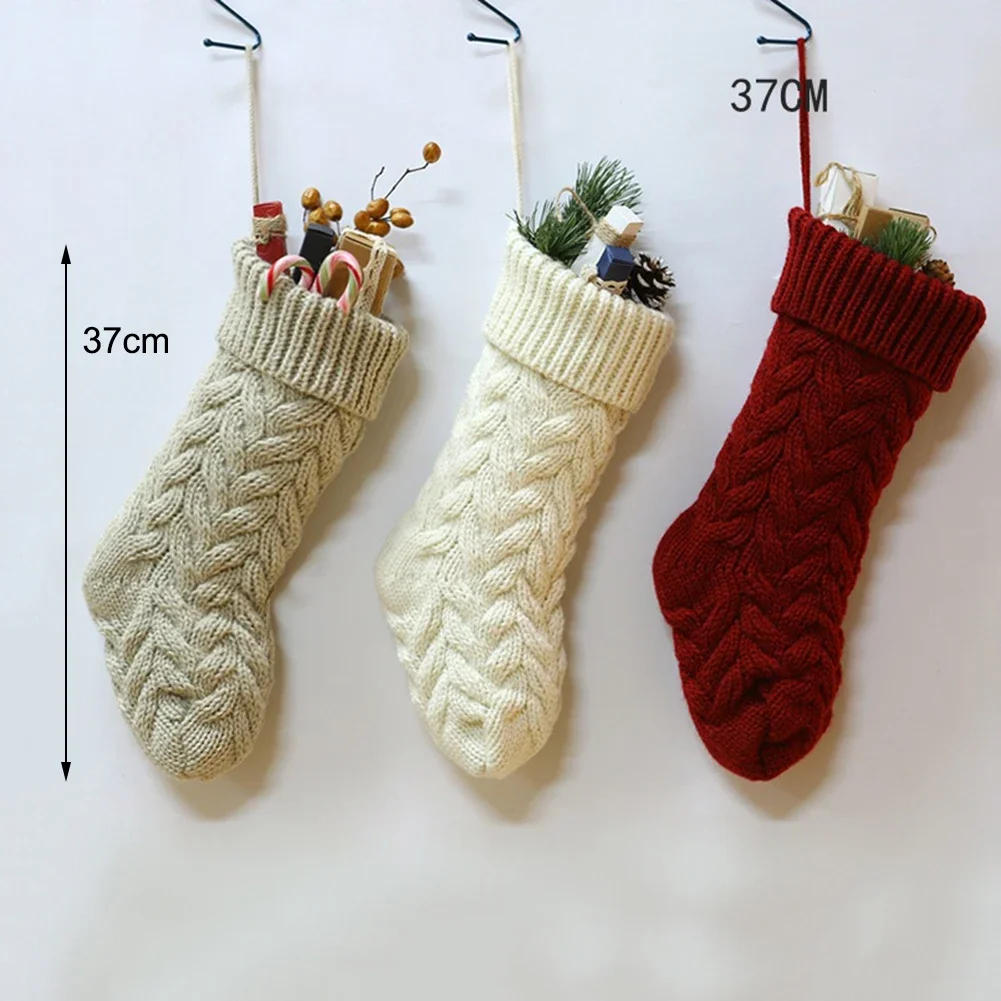 Description Picture 3 of item1pc Christmas Knitted Stockings Decor Festival Gift Bag Fireplace Xmas Tree Hanging Ornaments Red White Christmas Sock