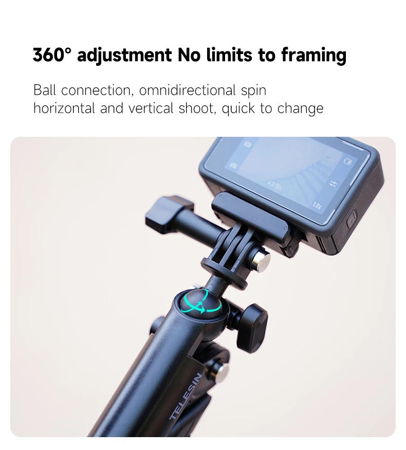 Description Picture 6 of itemTELESIN 4 ways Selfie Stick with Tripod Hand Grip Pole for GoPro Hero Insta360 DJI Action Smart Phone Action Camera Accessories