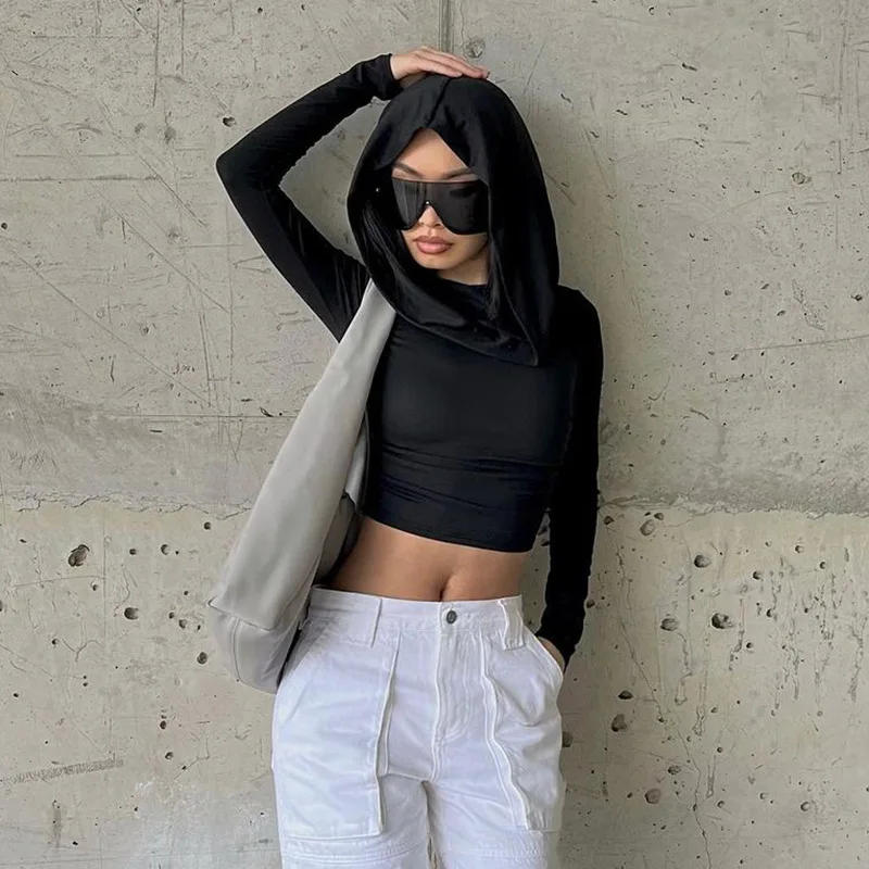 Description Picture 5 of itemWomen's Hooded Crop Tops Autumn Solid Color Long Sleeve Cowl Neck Slim Fit Short T-Shirt Streetwear Sporty Basics Tees