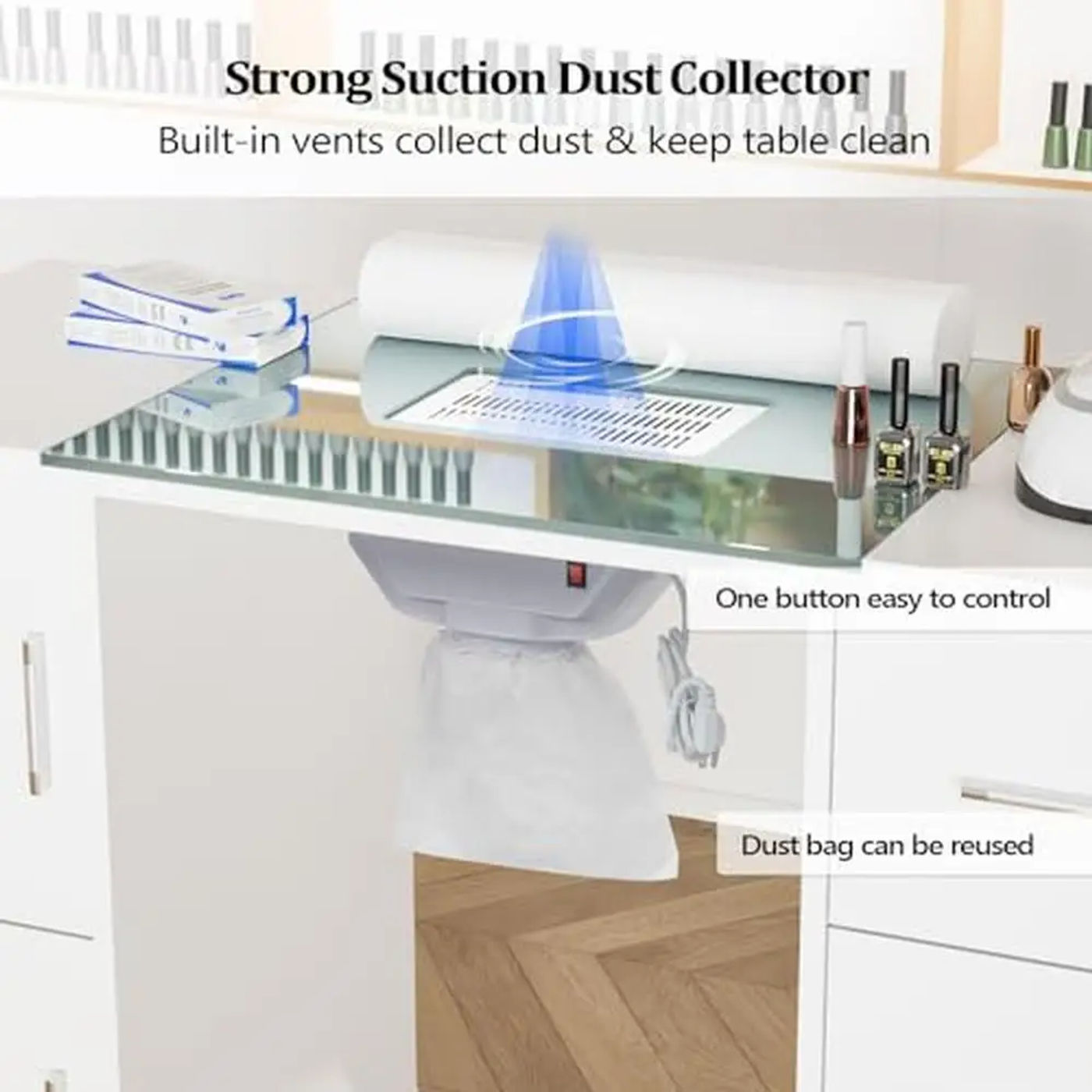 Description Picture 4 of itemManicure Table Nail Desk Glass Top Wrist Rest Beauty Salon Supplies Decor Workstation Acetone Resistant Dust Collector Storage