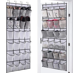 24 Pockets Wall Storage Bag Clear View Pocket Hanging Shoe Organiser Rack Behind Doors with 4 Metal Hooks Shoes Rack Storage Bag