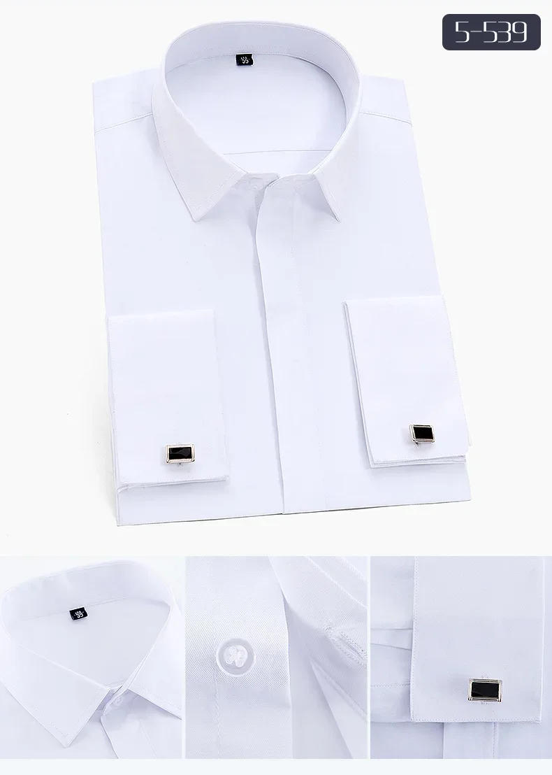 Description Picture 5 of itemFrance Cufflinks Men Tuxedo Shirts Long sleeve Covered Button Plain Solid Mens Dress Shirt White Light Blue Pink Business Social