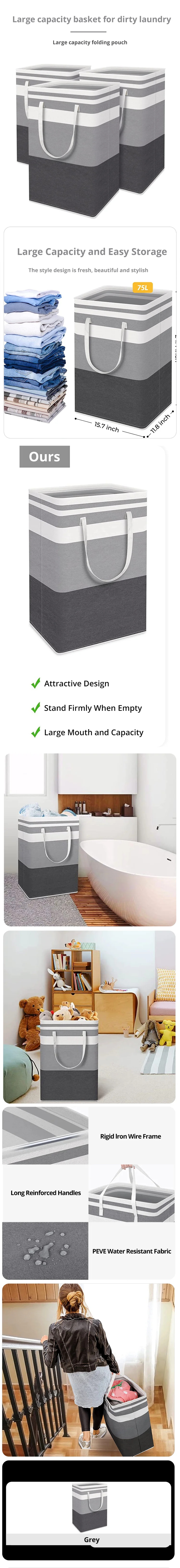 Description Picture 2 of item1pc Grey Large Capacity Waterproof Cotton Linen Dirty Clothes Basket Simplified Clothes Sundrie Storage Box Foldable Storage Bag