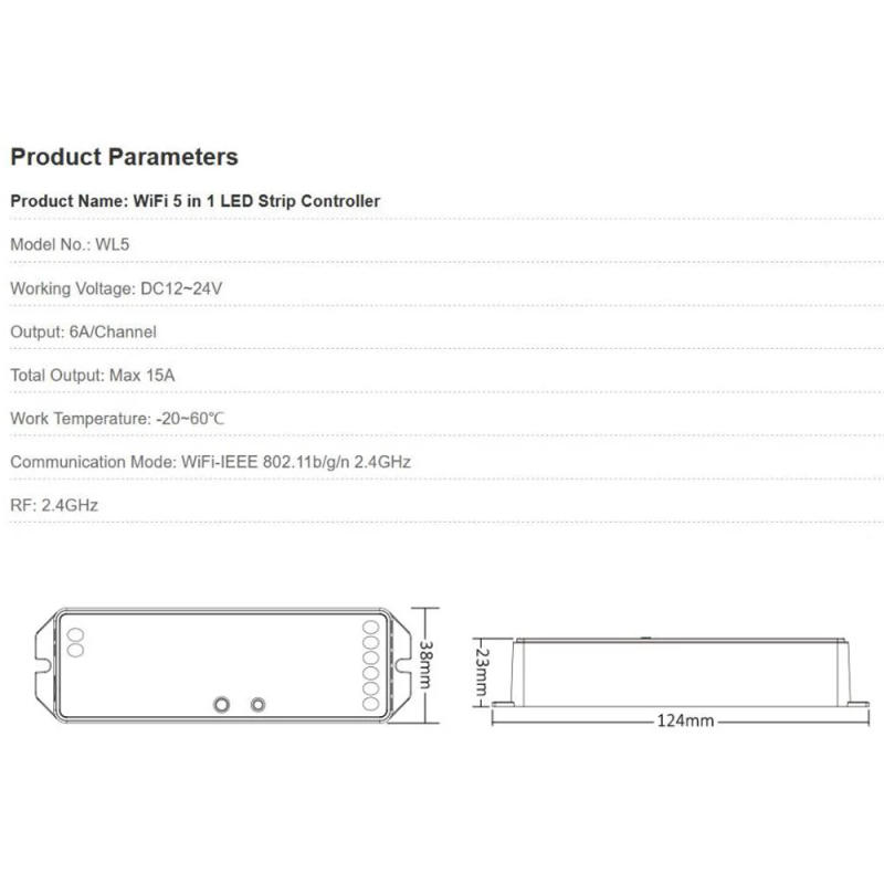 Description Picture 3 of itemMiboxer WL5 Single color/Dual white/RGB/RGBW/RGB+CCT Wifi 5 in 1 LED Strip tape Controller 12V 24V Tuya App,2.4G Remote control