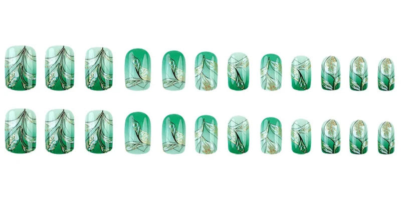 Description Picture 6 of item24pcs Short Square Press on Nails Jade Flower Sparkling Powder Designs Fake Nails with Glue Green Gradient Full Cover Nail Tips