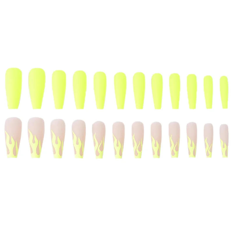 Description Picture 5 of itemFrosted Fluorescent Yellow Flame Wearable Nail Art Long Coffin Press on Nails Detachable Matte Finished False Nails with Glue