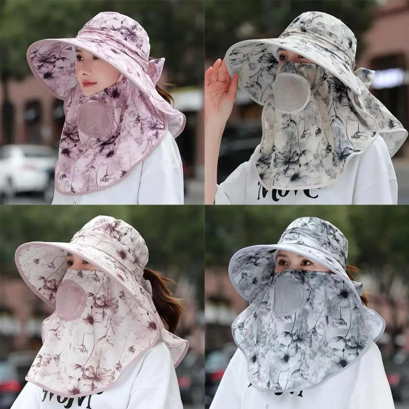 Description Picture 4 of itemSummer Women Wide Brim Garden Work Shade Hat Face Mask Detachable Sunhat Outdoor Print Breathable Fisherman Hat UV Protection ﻿