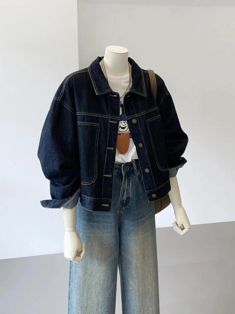 Description Picture 4 of itemNavy Blue Short Denim Jacket Female Work Style Spring and Fall New Korean Version of the Casual Pocket Design Sense Thin Blouse