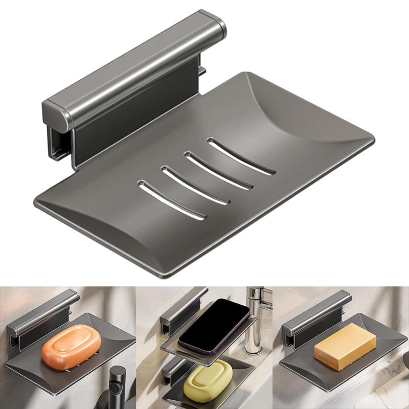 Description Picture 5 of itemWall Mounted Soap Dish Space Aluminum Punch Free Soap Organizer Rack with Drain Holes Bar Soap Tray Multifunction for Shower