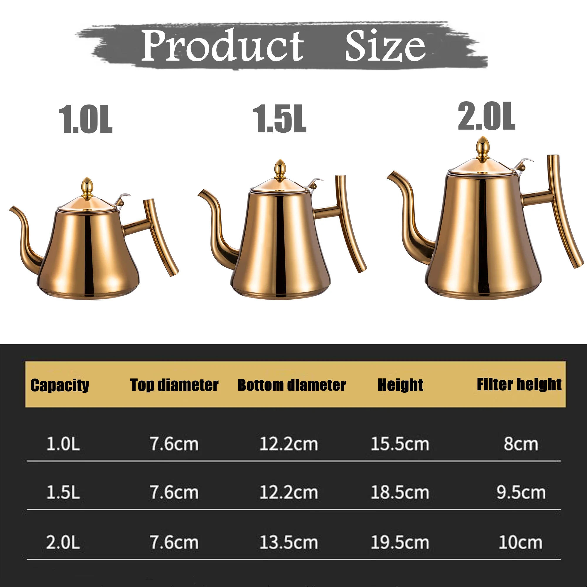 Description Picture 4 of item1.0L/1.5L/2.0L Stainless Steel Teapot, Tea Kettle with Removable Infuser for Loose Flower Tea Coffee Kettle for Stovetop Safe