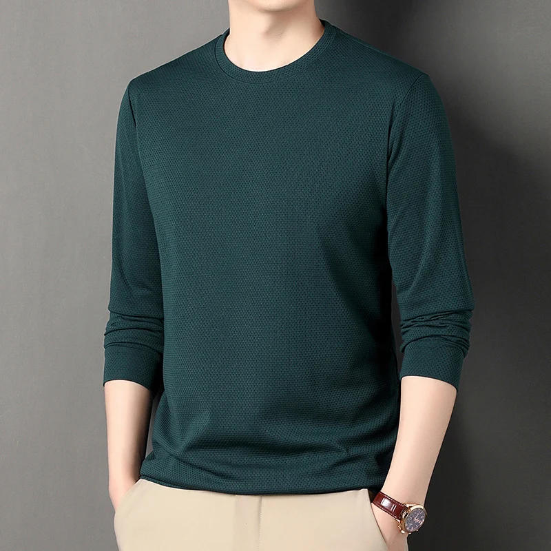 Description Picture 5 of itemNew Spring Leisure Breathable Solid Color Lapel Honeycomb Fabric Men's Long Sleeved Shirt