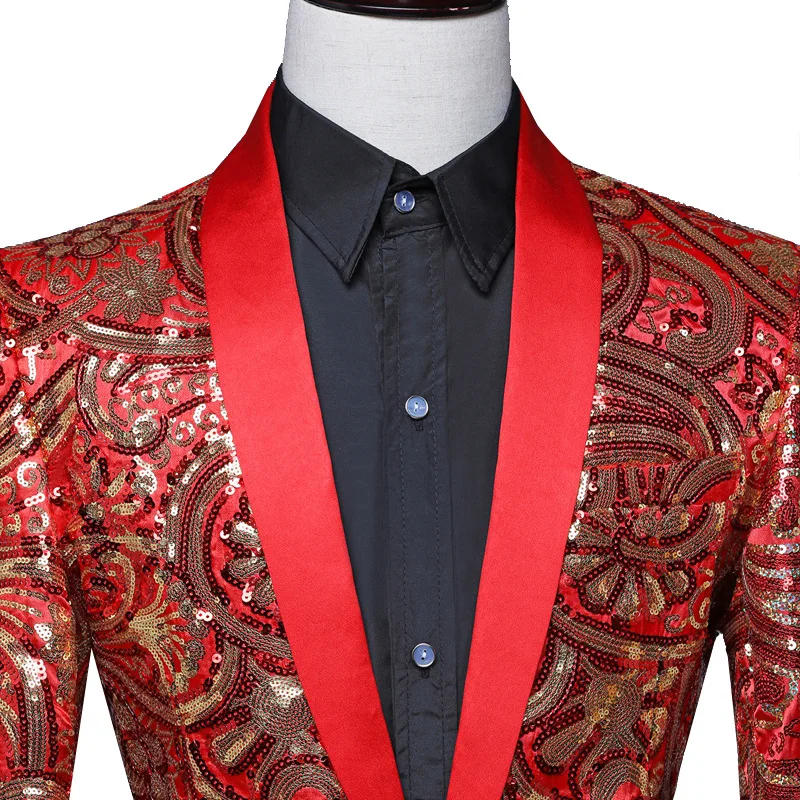 Description Picture 6 of itemFashion Men Luxury Sequin Blazer Jacket Red / Blue / Golden 2024 New Male Prom Party Groom Wedding Dress Suit Coats
