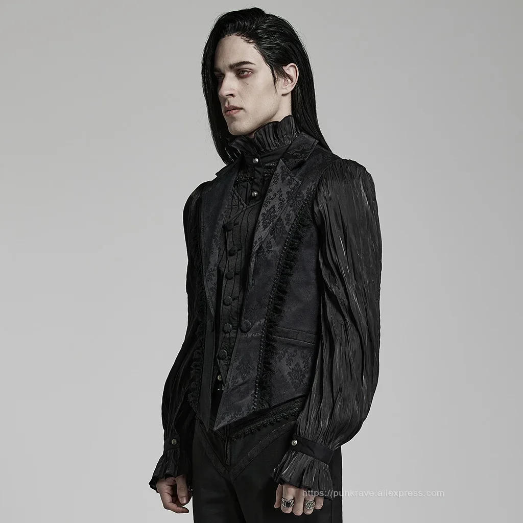 Description Picture 4 of itemPUNK RAVE Men's Gothic Gorgeous Lace Decoration Asymmetric Lapel Waistcoat Unique Pointed Outline Elements Party Long Sleeve Top